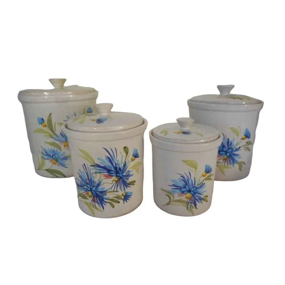 Blue Floral Canister Set w/ lids HandPainted numbered Italy Estate Find Pottery - Picture 1 of 12